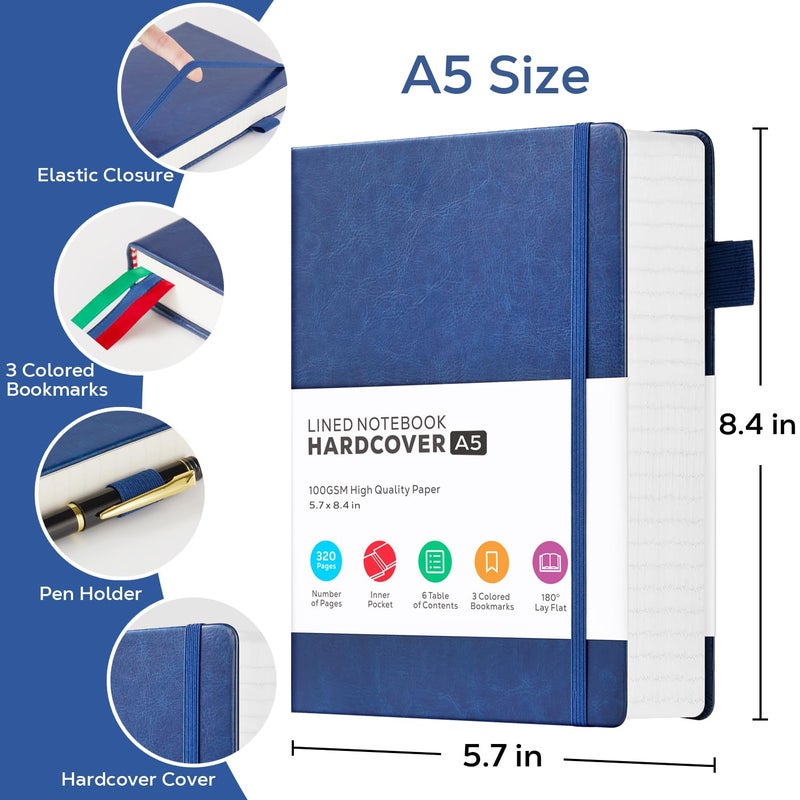 FOCUS DAY Thick Notebook Journal, Leather A5 Notebooks College Ruled 320 Pages Lined Paper Notebooks, Hardcover Journal Notebook for Writing Women and Men, 5.7'' X 8.4'', Dark Blue - Image 2