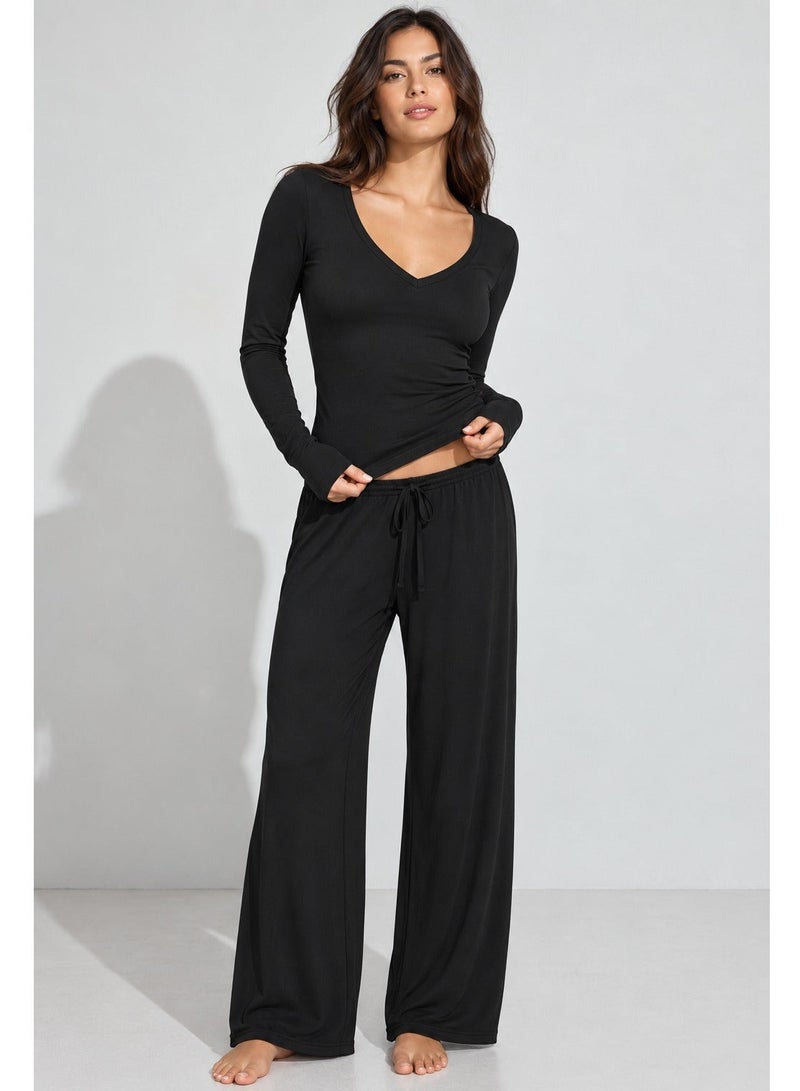Ginger Basics Soft Viscose V Neck Slim Fit T-shirt & Straight Fit Pant Lounge Set - Image 1