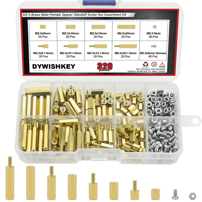 DYWISHKEY 320 Pieces Male Female Hex Brass Spacer Standoff Screw Nut Assortment Kit (M2.5) - Image 1