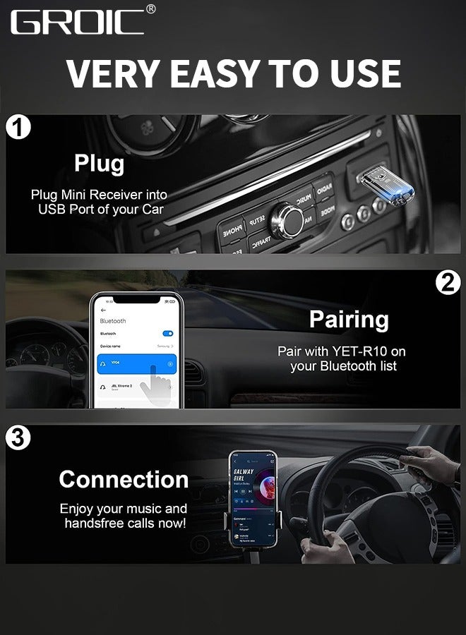 GROIC Bluetooth V5.3 Car Adapter, Wireless Bluetooth Car Audio Adapter, USB Input, Mini Portable Bluetooth Music Receiver for Car, Headphones, Home Stereo Hi Res Music Streaming, No Charging Needed  - Image 5