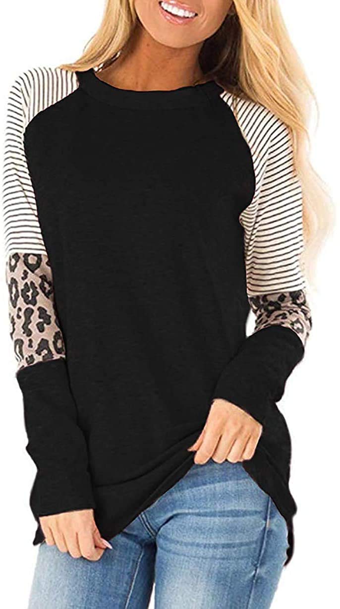 Basoteeuo Leopard Print Tops for Women Long Sleeve Crew Neck Patchwork T Shirt Black M - Image 2