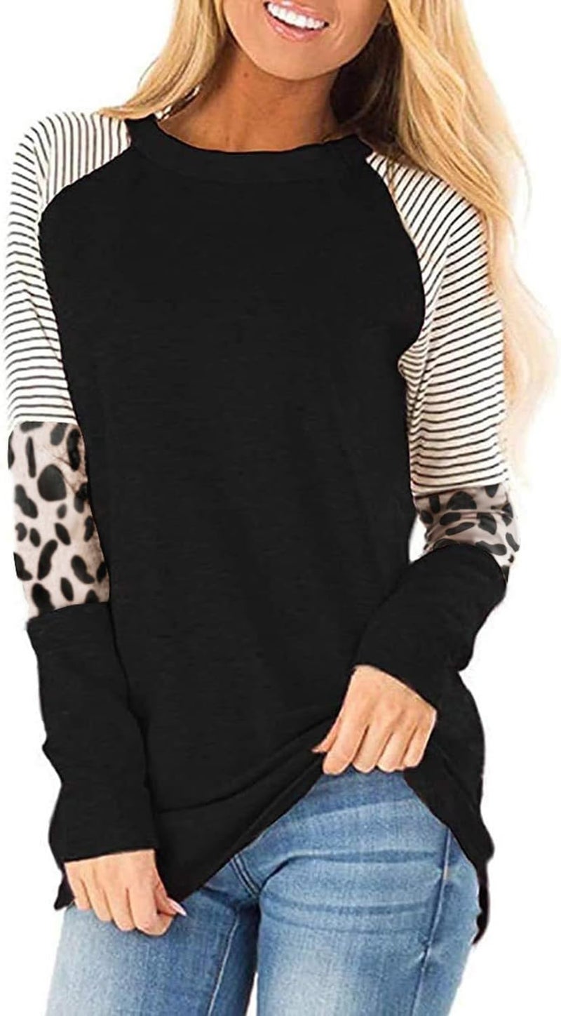 Basoteeuo Leopard Print Tops for Women Long Sleeve Crew Neck Patchwork T Shirt Black M - Image 1