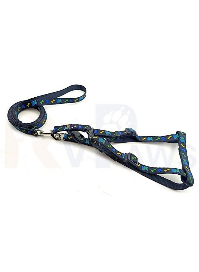 طقم حزام ومقود من النايلون للكلاب، طقم حزام ناعم قابل للتعديل مطبوع عليه مخلب عظمي مقاس 15 مم مع مقود بخطاف معدني (أسود) - Image 1