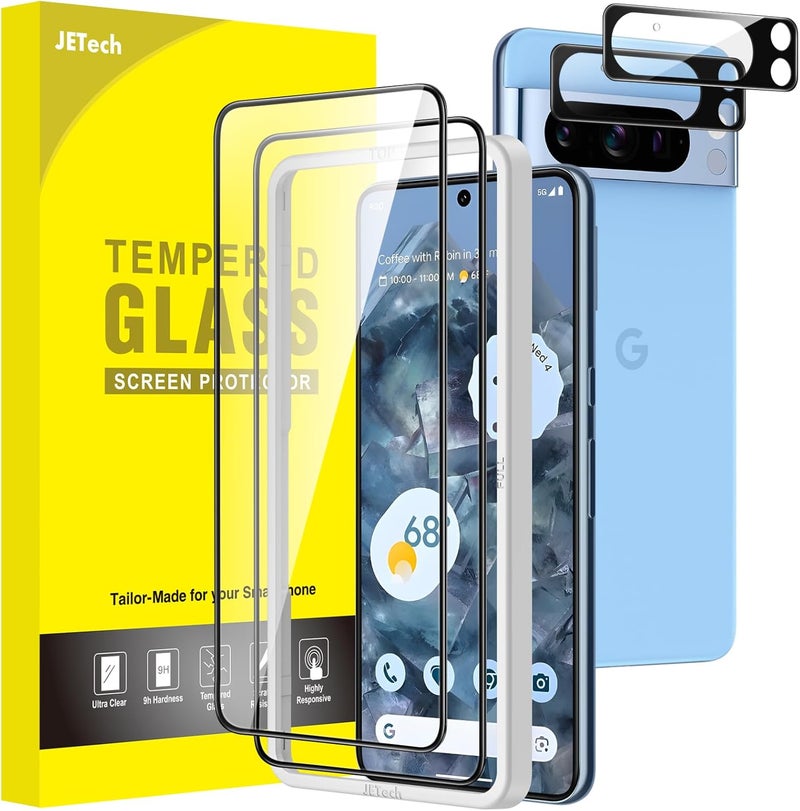 جي تيك واقي شاشة بتغطية كاملة لجهاز Google Pixel 8 Pro مع واقي عدسة الكاميرا، فيلم زجاجي مقسى، أداة تركيب سهلة، متوافق مع بصمة الإصبع، واضح عالي الدقة، عبوة من قطعتين لكل منهما - Image 1