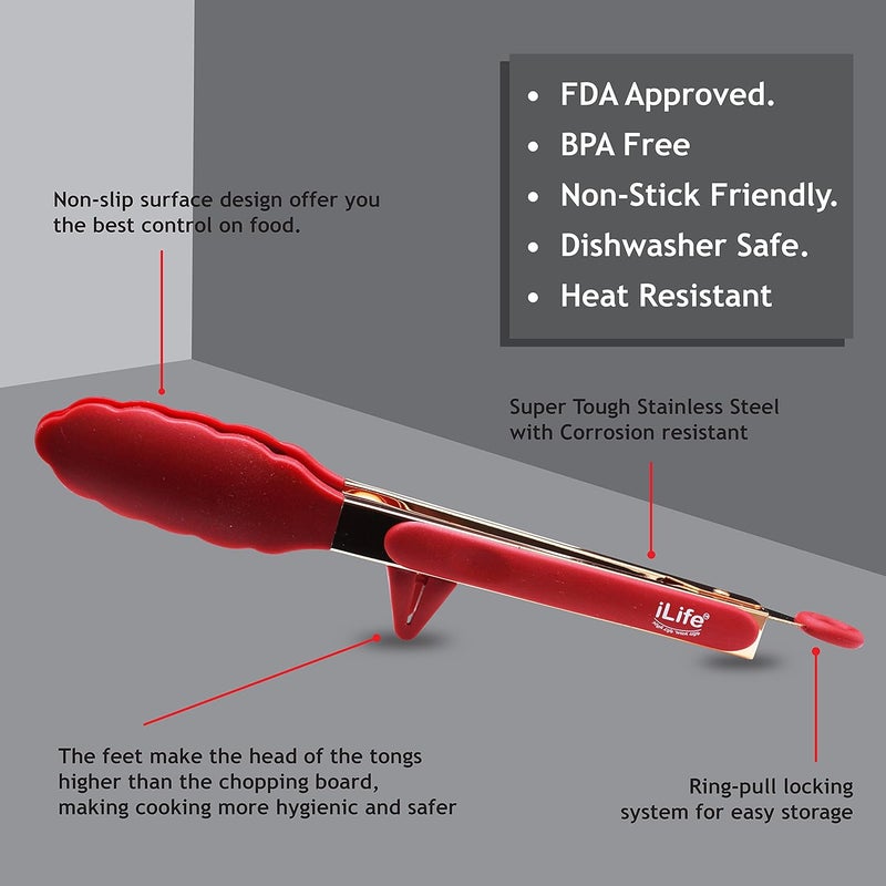 iLife Kitchen Tongs Rose Gold Coating Steel Non-Stick BBQ Tongs with Heat Resistant Premium Silicone Tips for Barbecue, Cooking, Grilling, Turner, Salad, Serving & Frying 2 Pack(9 Inch+12 Inch) Red - Image 2