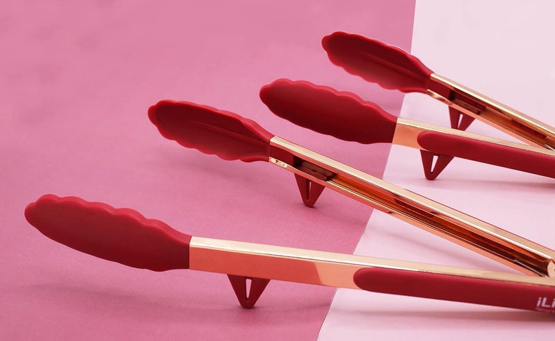 iLife Kitchen Tongs Rose Gold Coating Steel Non-Stick BBQ Tongs with Heat Resistant Premium Silicone Tips for Barbecue, Cooking, Grilling, Turner, Salad, Serving & Frying 2 Pack(9 Inch+12 Inch) Red - Image 4