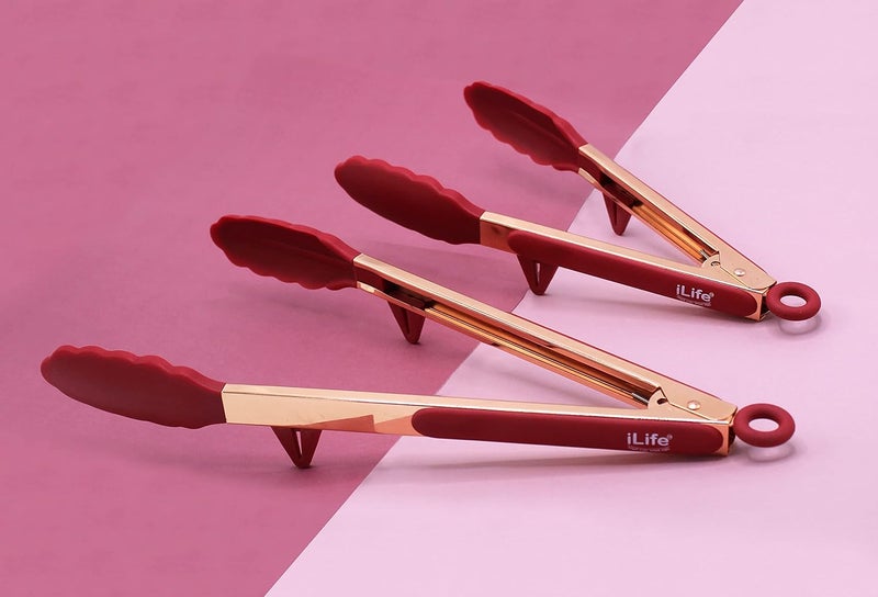 iLife Kitchen Tongs Rose Gold Coating Steel Non-Stick BBQ Tongs with Heat Resistant Premium Silicone Tips for Barbecue, Cooking, Grilling, Turner, Salad, Serving & Frying 2 Pack(9 Inch+12 Inch) Red - Image 1