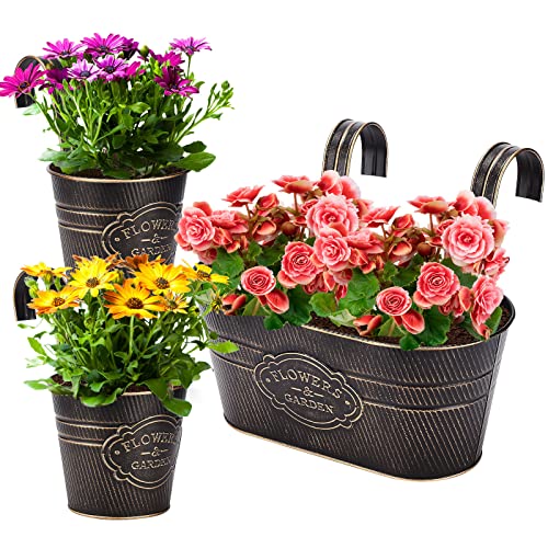 PerGar Vintage Metal Iron Wall Hanging Flower Pots, Rustic Planter Bucket Herb Flower Plant Holder with Detachable Hooks & Drainage Hole for Railing Fence Balcony Deck Garden Home Decoration, Set of 3 - Image 1