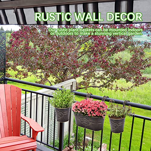 PerGar Vintage Metal Iron Wall Hanging Flower Pots, Rustic Planter Bucket Herb Flower Plant Holder with Detachable Hooks & Drainage Hole for Railing Fence Balcony Deck Garden Home Decoration, Set of 3 - Image 4
