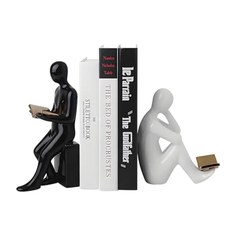 Thinker Decorative Bookends for Heavy Books, Smooth Ceramic Surface, Nonskid Book Stopper Holder for Living Room, Office, Home Decor - Image 1