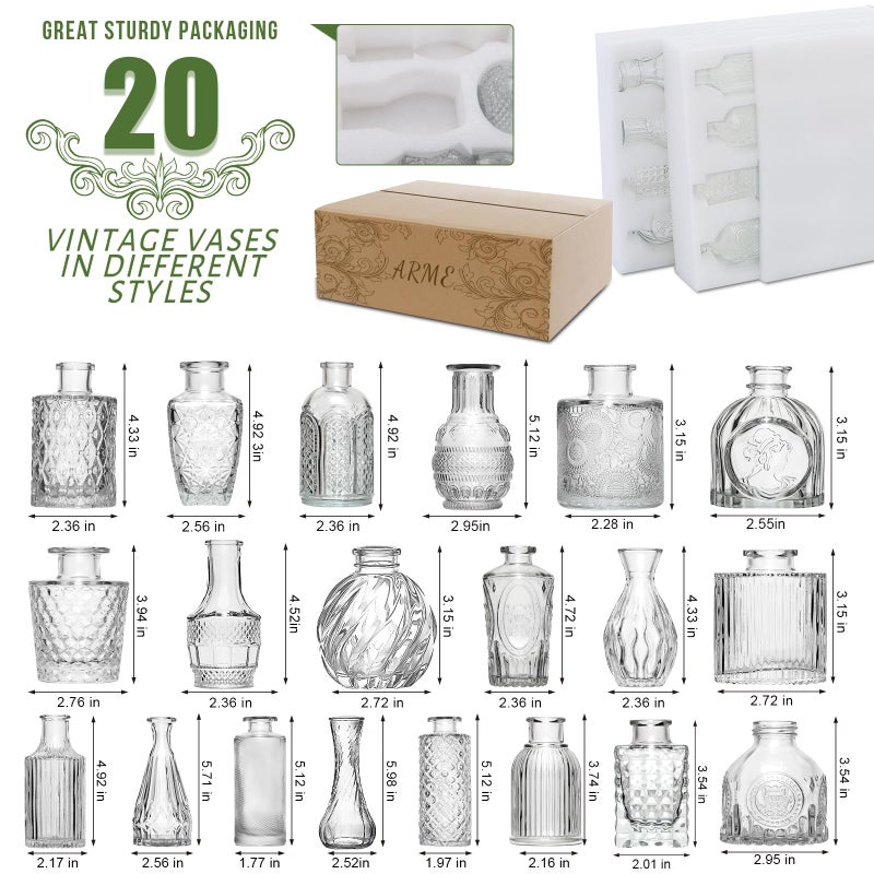 Arme 20 Pcs Bud Vase Set, Mini Vases for Flowers, Small Vintage Glass Vase for Centerpieces, Cute Clear Bud Vases for Home Flower Wedding Decorations - Image 2