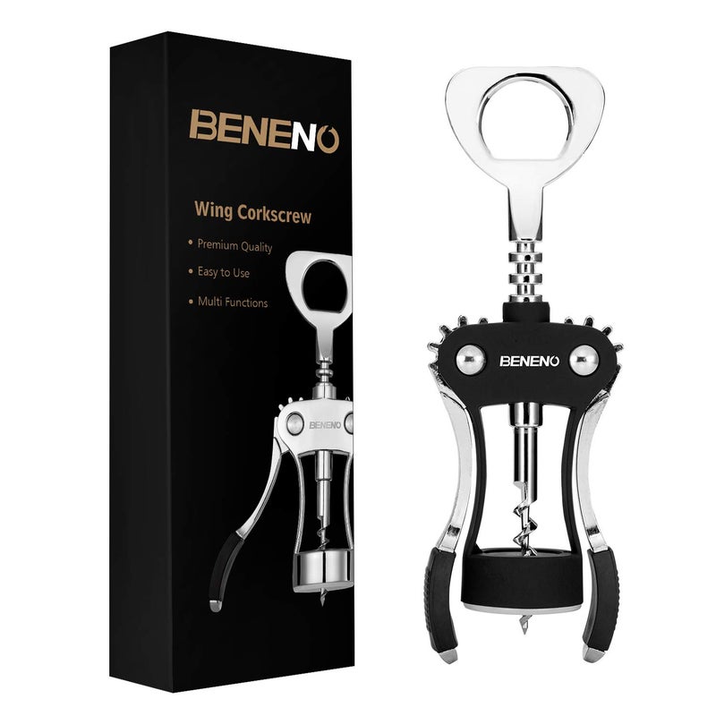 Beneno Wine Opener, Zinc Alloy Premium Wing Corkscrew with Multifunctional Bottles Opener, Sharp Wine Corkscrew with Ergonomic Non-Slip Wing Handle, Upgrade Black - Image 1