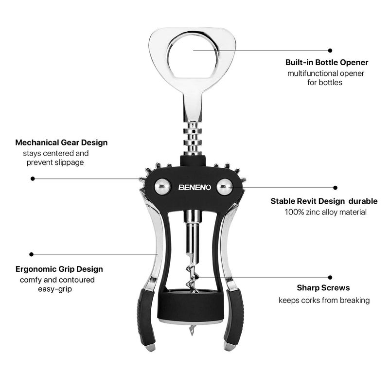 Beneno Wine Opener, Zinc Alloy Premium Wing Corkscrew with Multifunctional Bottles Opener, Sharp Wine Corkscrew with Ergonomic Non-Slip Wing Handle, Upgrade Black - Image 3