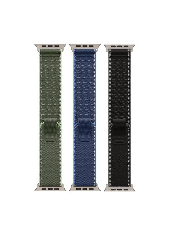 ESCASE 3-Piece Nylon Strap Natural Titanium Replacement Set Compatible with Apple Watch Strap Sizes: 42mm/44mm/45mm/46mm/49mm Fits Apple Watch Ultra/Ultra 2/Ultra 3, Series 11/10/9/8/SE/7/6/5/4/3/2/1 and other models Available in Black/Blue/Green Combo - Image 3