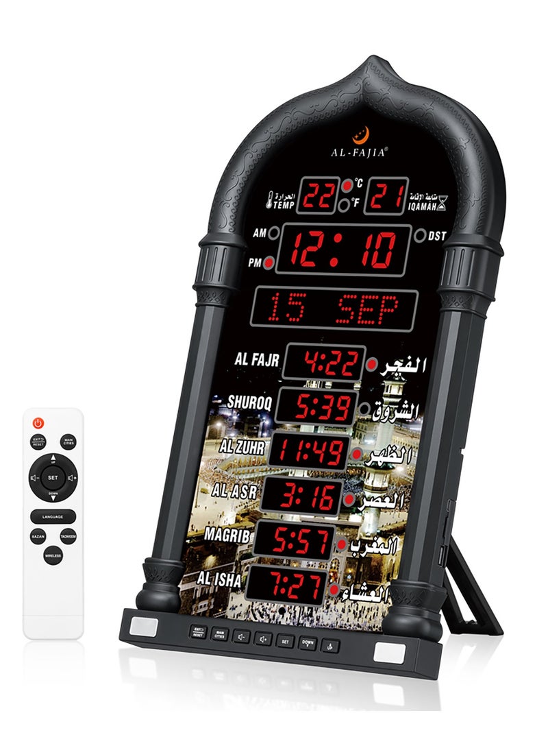 الفاتحة ساعة أذان الفجر رقمية LED بتصميم المسجد، 8 أصوات أذان، تقويم هجري وميلادي، مكبر صوت لاسلكي وتحكم عن بعد – أسود - Image 4