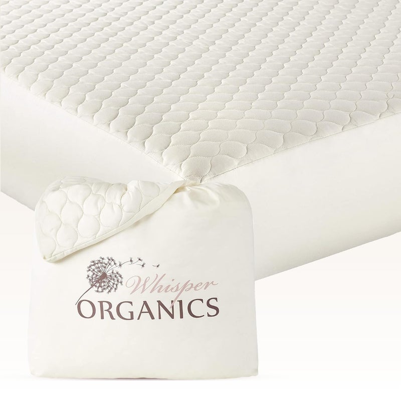 Whisper Organics 100% Cotton Organic Mattress Pad - Breathable & Cooling Mattress Protector King Size - Premium 300GSM Quilted and Noiseless Machine Washable Organic Mattress Protector (Ivory, King) - Image 1