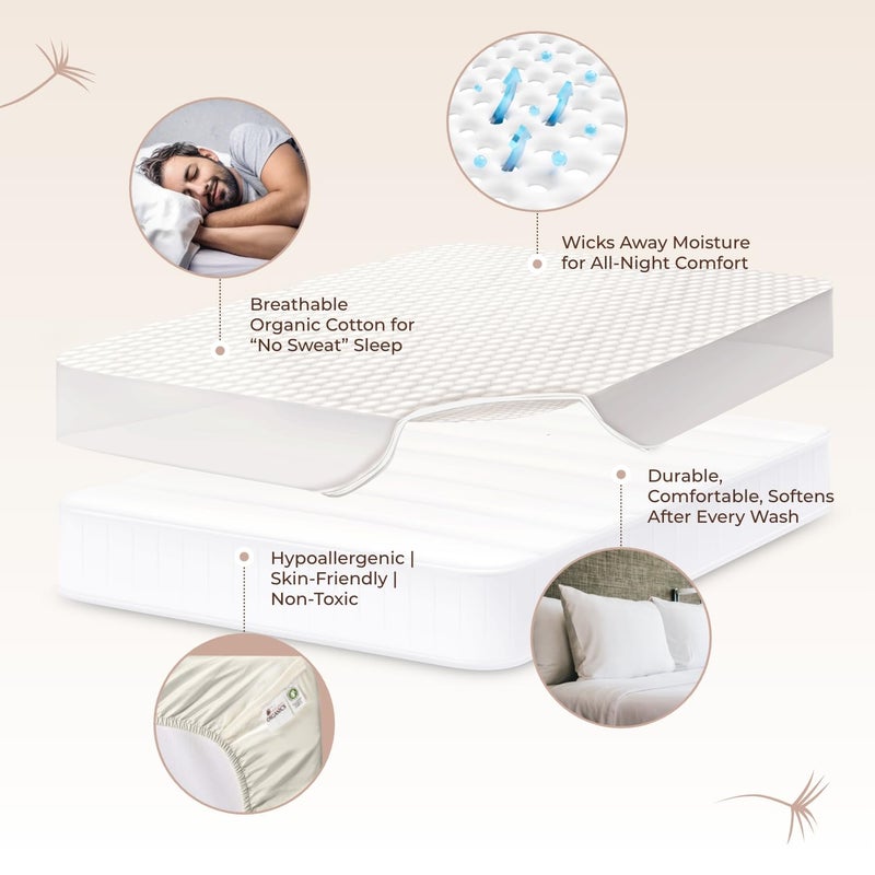 Whisper Organics 100% Cotton Organic Mattress Pad - Breathable & Cooling Mattress Protector King Size - Premium 300GSM Quilted and Noiseless Machine Washable Organic Mattress Protector (Ivory, King) - Image 3