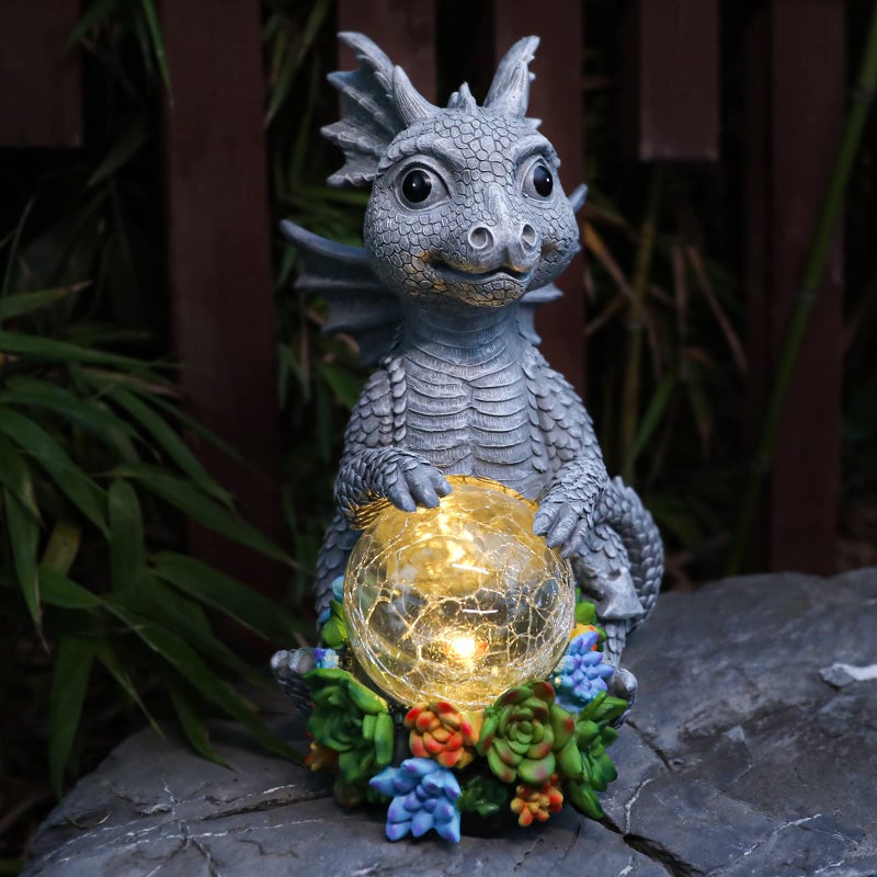 Ovewios Ovewios Garden Dragon Statue Outdoor Decor Large Dragon Figurine with Solar Crackle Globe Light Yard Art Decoration Resin Ornament for Indoor Home Outdoor Patio Lawn Gift 