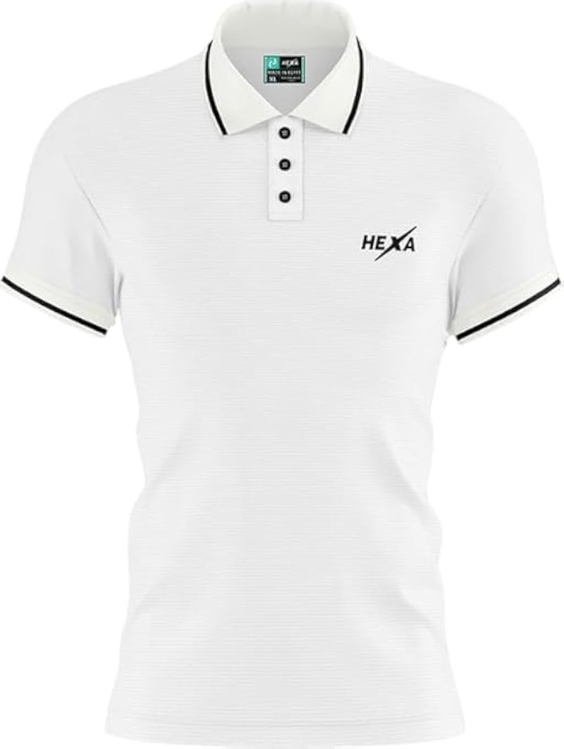 HEXA Hexa Polo Line 601 Short Sleeve Polo Shirt for Men &amp; Women - Dry-Fit, Anti-Bacterial, 100% Polyester- White - Size - M 121000-White- Size -M