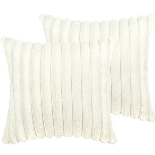 COTEY غطاء وسادة 18x18 مجموعة من 2، أغطية زخرفية من الفرو الصناعي للسرير، أريكة غطاء وسادة ناعم ورقيق مع ظهر مخملي لغرفة المعيشة، لهجة ديكور منزلي محايدة للأريكة - أبيض كريمي - Image 1