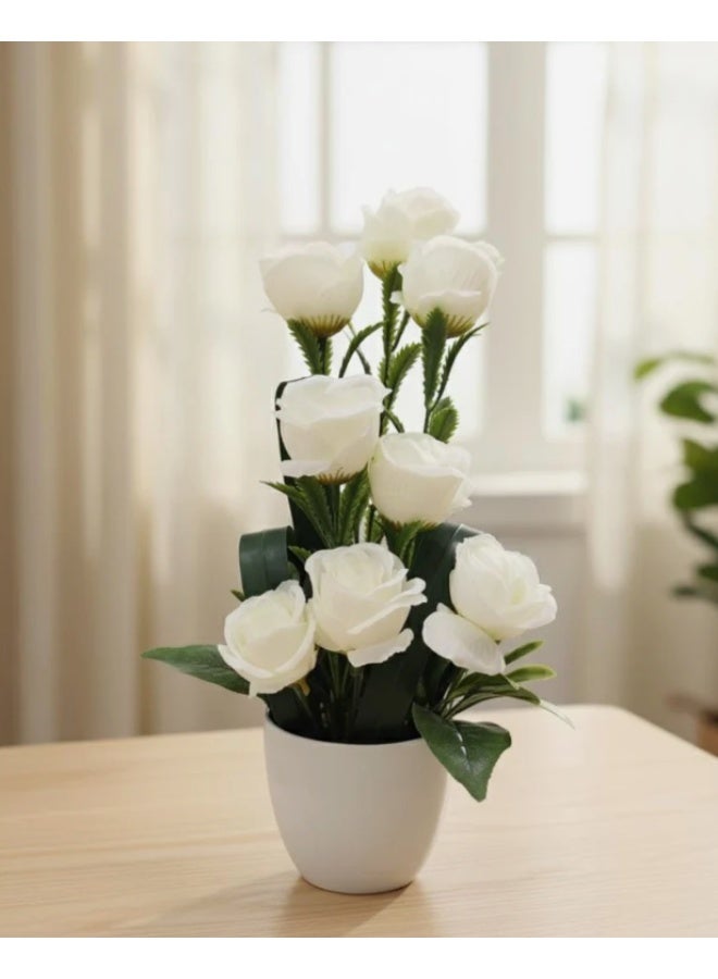 AKDC Artificial White Rose - Plastic with Pot, Pure and Classic Design for Wedding or Everyday Decor, 33 cm,"- Made with plastic to emulate pure white rose blooms for a clean, sophisticated look. - Image 1