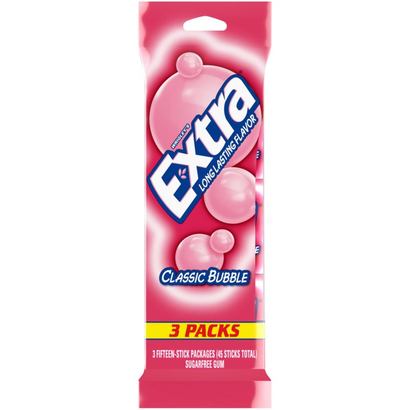 EXTRA Classic Bubble Sugar Free Chewing Gum 15 Sticks 3 Pack - Image 3