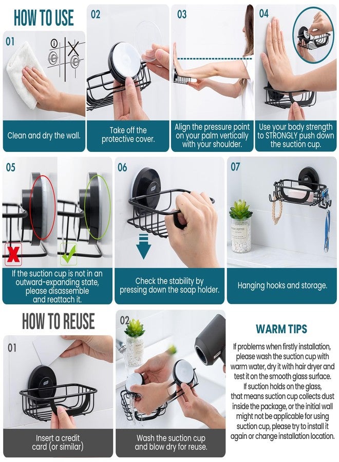 TAILI Soap Bar Holder Dish with Hooks, Shower Soap Tray Saver Suction Cup with Razor Holder for Wall, Rustproof Stainless Steel Bath Shampoo Caddy for Bathroom Accessories Organizer,Sink,Black - Image 5