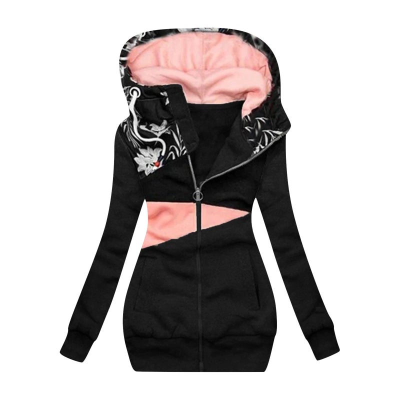 AliExpress Amazon cross-border womens sweater zipper color matching printed hooded long sleeve jacket Black - Image 1