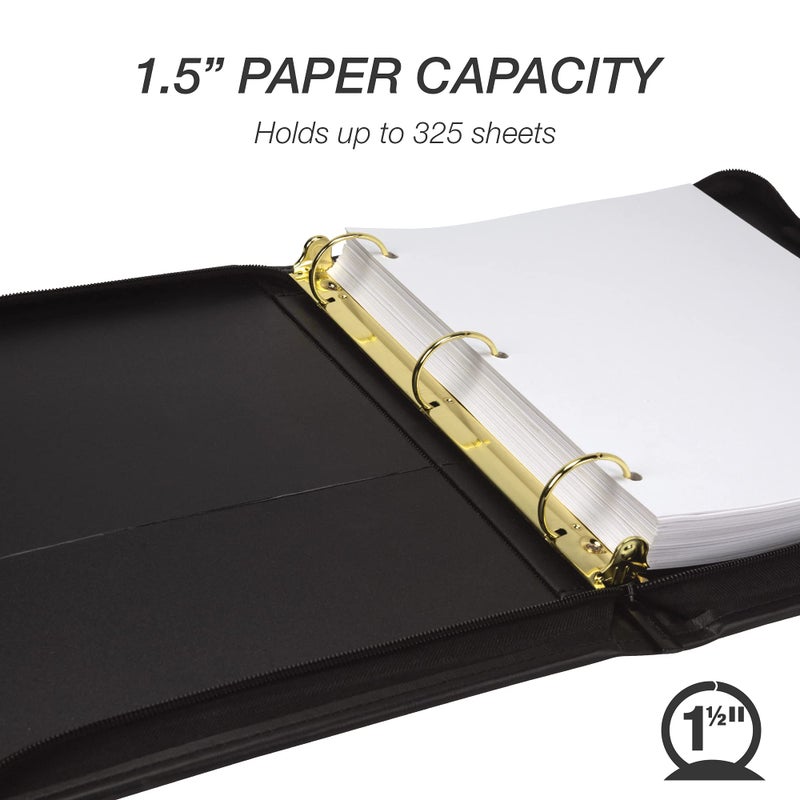 Samsill Classic Collection Leather Binder, Zippered, Executive Presentation Portfolio, 1.5 Inch (Holds 325 Sheets), Brass Round Ring, Black - Image 3
