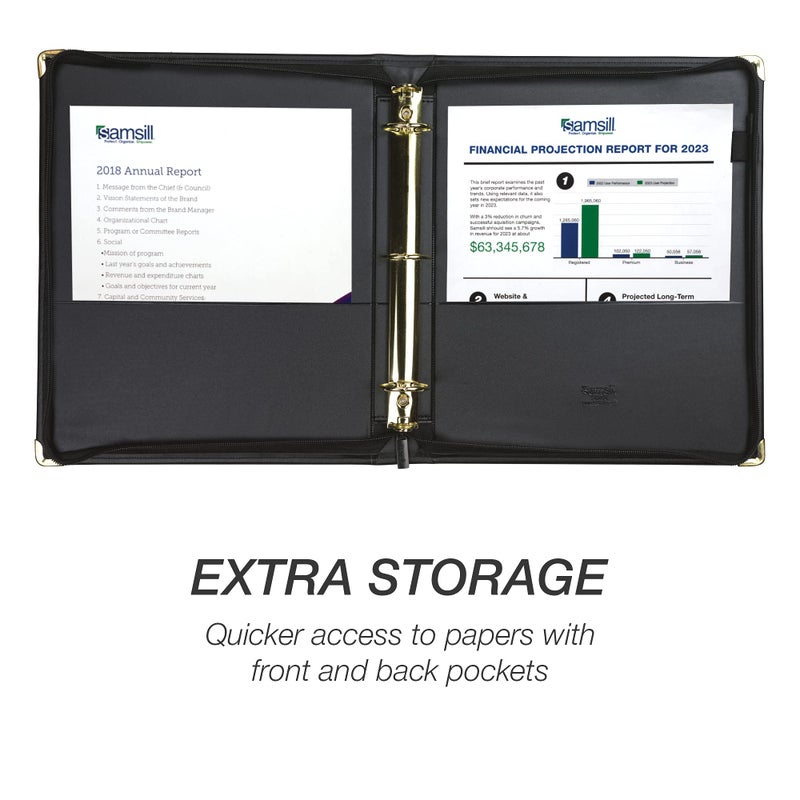 Samsill Classic Collection Leather Binder, Zippered, Executive Presentation Portfolio, 1.5 Inch (Holds 325 Sheets), Brass Round Ring, Black - Image 4