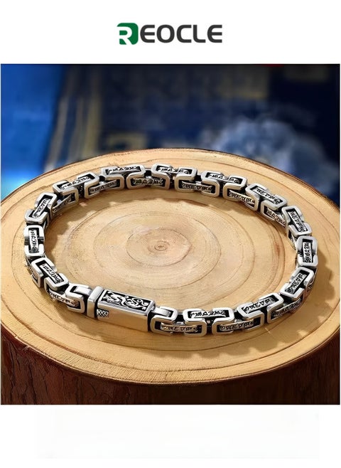 Men's Bracelet Hand Engraved Square Chain Bracelet 925 Sterling Silver Bracelet Retro Bracelet with Engraved Pattern