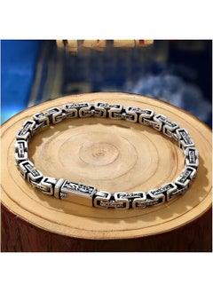 REOCLE Men's Bracelet Hand Engraved Square Chain Bracelet 925 Sterling Silver Bracelet Retro Bracelet with Engraved Pattern  - Image 2