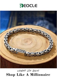 REOCLE Men's Bracelet Hand Engraved Square Chain Bracelet 925 Sterling Silver Bracelet Retro Bracelet with Engraved Pattern  - Image 1