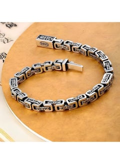 REOCLE Men's Bracelet Hand Engraved Square Chain Bracelet 925 Sterling Silver Bracelet Retro Bracelet with Engraved Pattern  - Image 3