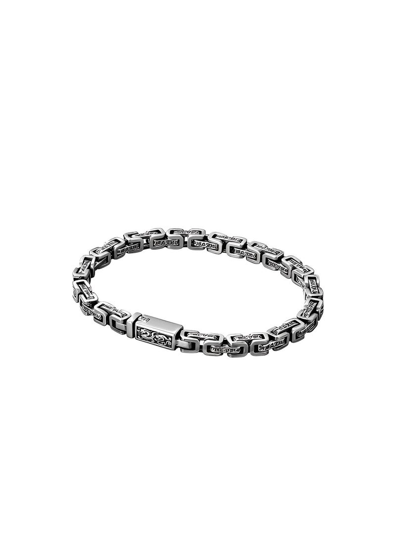 REOCLE - Men's Bracelet Hand Engraved Square Chain Bracelet 925 Sterling Silver Bracelet Retro Bracelet with Engraved Pattern - Image 1
