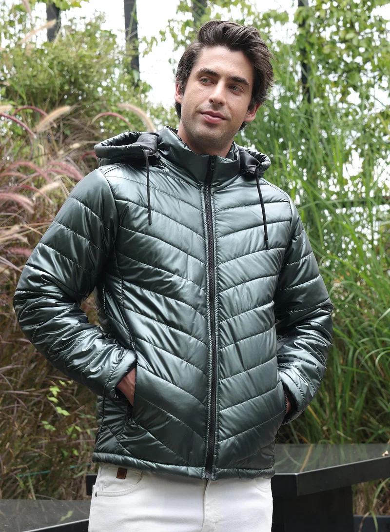 Campus Sutra Men Coated Panel-Quilt Puffer Jacket | Stand Collar, Long Regular Sleeves | Zipper , Straight Hem | Solid Quilted | Woven Fabric For Casual & Daily Wear | Seaweed Green