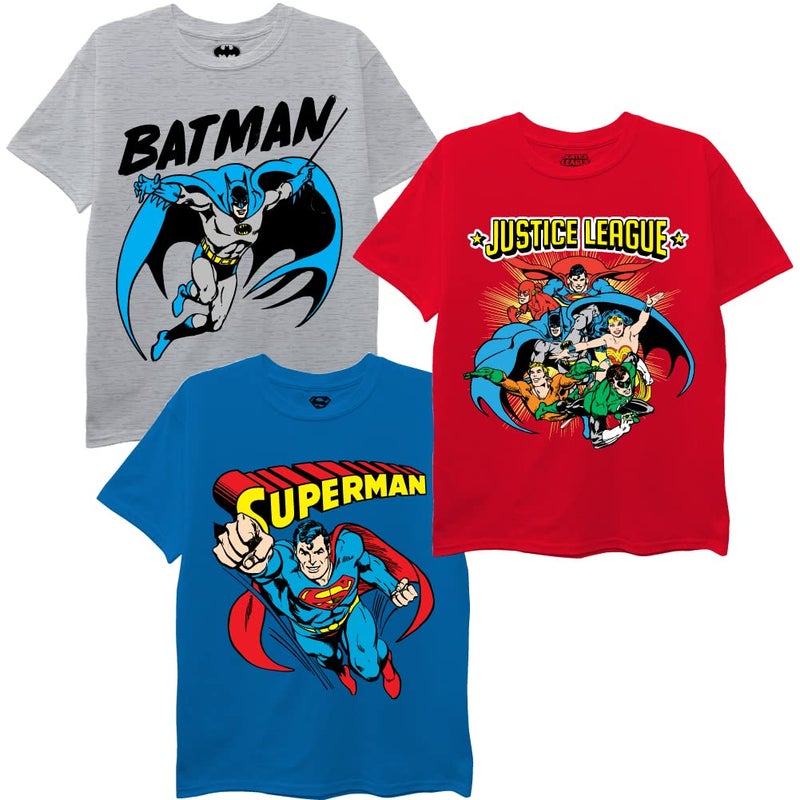 DC Comics Unisex Child Batman, Superman, Justice League 3 Pack T-Shirt Bundle Set T Shirt, Royal/Grey/Red, 6 7 US - Image 5