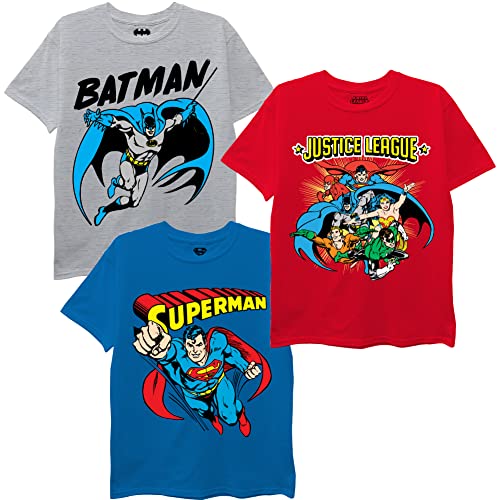 DC Comics Unisex Child Batman, Superman, Justice League 3 Pack T-Shirt Bundle Set T Shirt, Royal/Grey/Red, 6 7 US - Image 1
