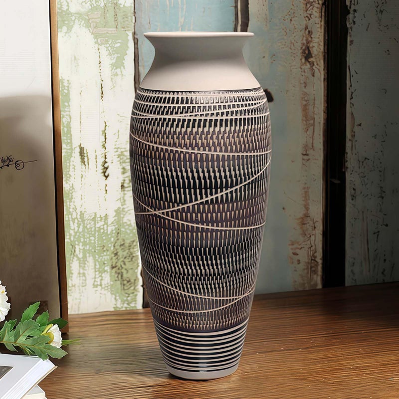 HUBUISH Ceramic Rustic Farmhouse Vase, 12.6" Large Vintage Flower vase for Home Decor, Tall Boho Textured Vases for Living Room, Table, Mantel, Shelf and Centerpieces Decor and Housewarming (C) - Image 1