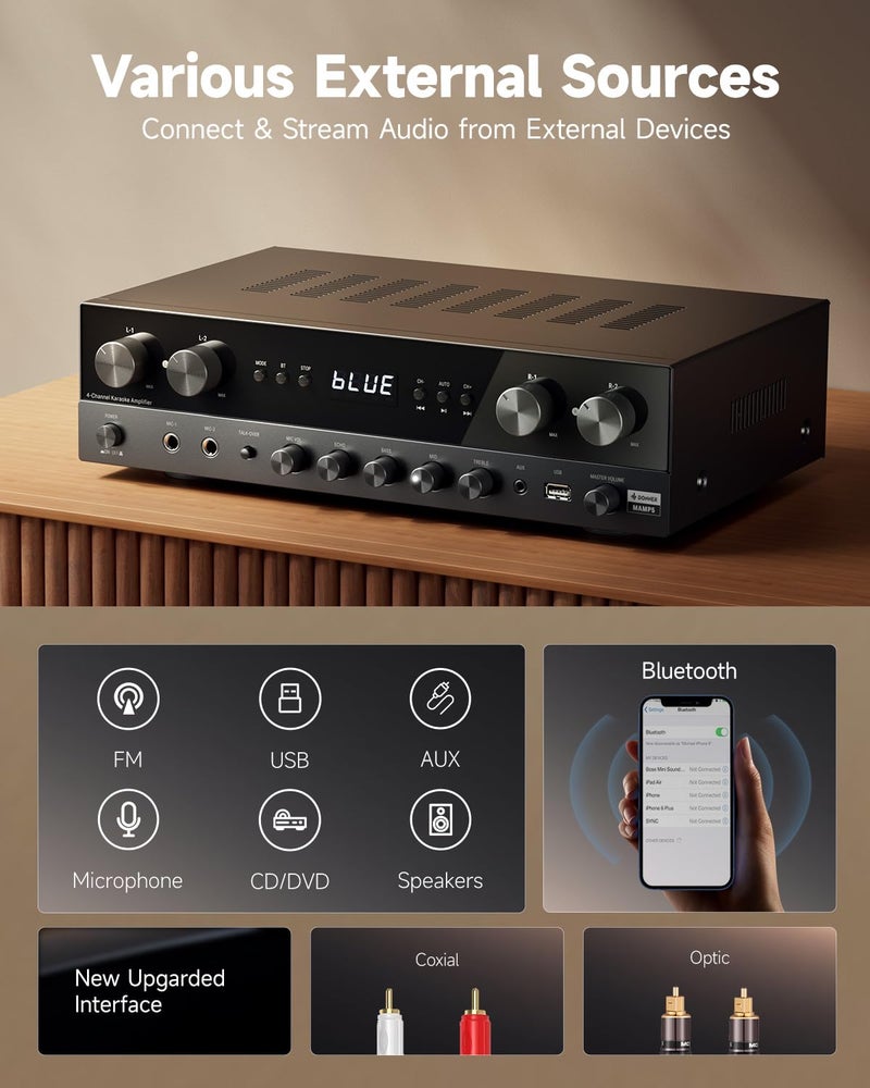 Donner Stereo Receivers Home Audio Amplifier, Premium 1000W Max Power 4 Channel Amplifier with Bluetooth 5.3, USB, FM, 2 Mic-in, Echo, RCA, Fiber/Coaxial Input for Home, Karaoke, Theater Speakers - Image 3