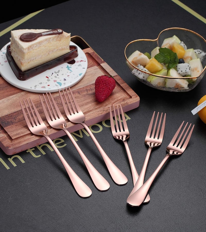 Kyraton Rose Gold Dinner Fork 6 Pieces, Stainless Steel 8.17 Inch Forks Rose Gold Titanium Plating Silverware, Copper Forks Set of 6 - Image 5