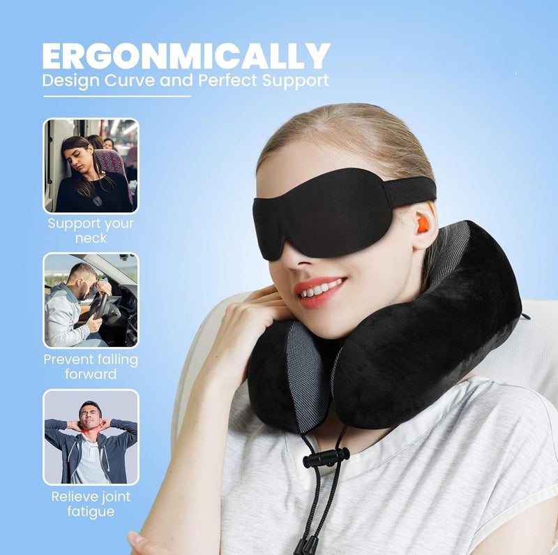 Inditradition Memory Foam Luxury Travel Neck Pillow with 3D Contoured Eye Mask (Combo Pack) | Super Soft Breathable Fabric for Long Travel (Black) - Image 4