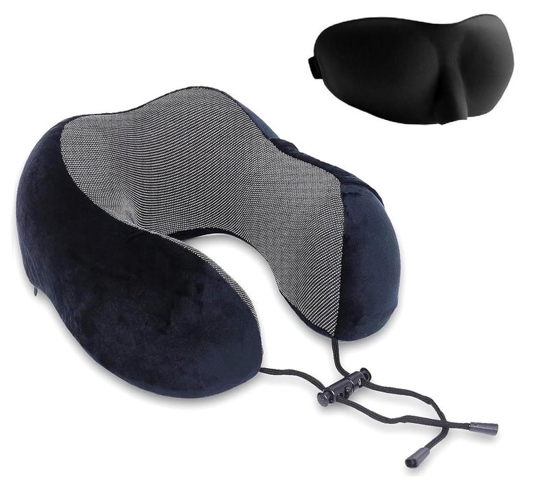 Inditradition Memory Foam Luxury Travel Neck Pillow with 3D Contoured Eye Mask (Combo Pack) | Super Soft Breathable Fabric for Long Travel (Black) - Image 1