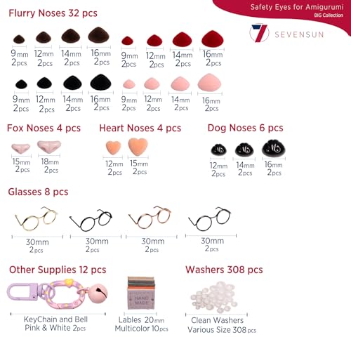 SEVENSUN Safety Eyes 636 PCS Set 6mm-20mm, Crochet Safety Eyes and Noses for Crocheting Amigurumi Crochet Animals 3D Glitter Craft Doll Eye Glasses - Image 3
