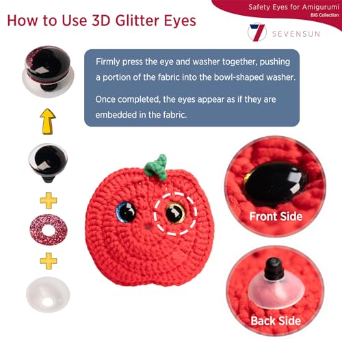 SEVENSUN Safety Eyes 636 PCS Set 6mm-20mm, Crochet Safety Eyes and Noses for Crocheting Amigurumi Crochet Animals 3D Glitter Craft Doll Eye Glasses - Image 5