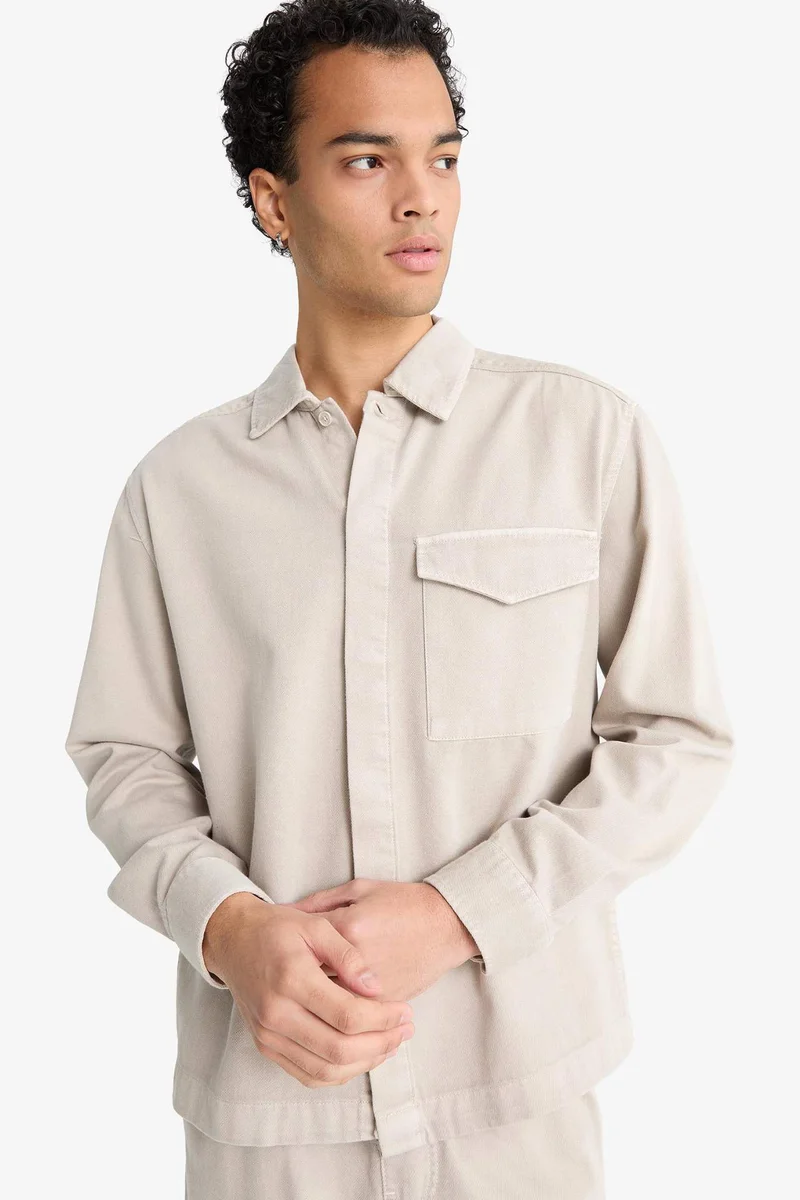 ديفاكتو Boxy Fit Polo Neck Twill Long Sleeve Shirt