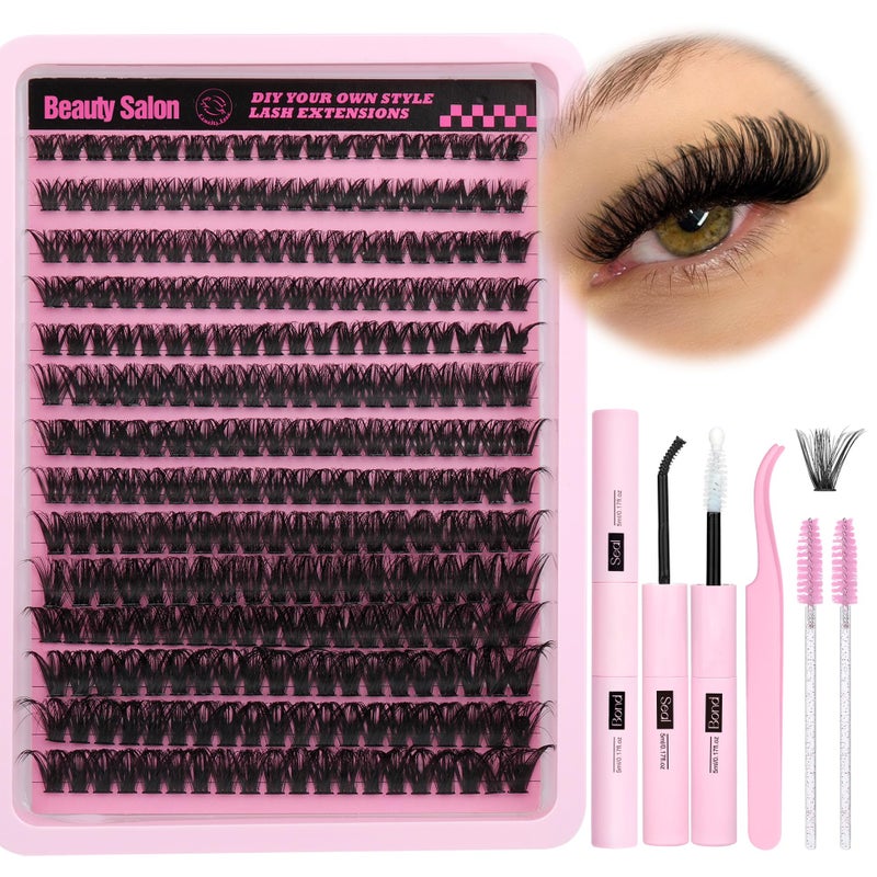 DIY Eyelash Extension Kit DCurly Wispy Volume Lash Clusters Individual Lashes Lash Extension Kit with Lash Bond and Seal Applicator Tool for Self Application at Home 80P280PcsMix1016mm007D
