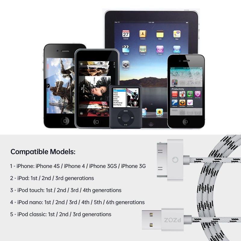 pzoz 30 Pin Cable for iPhone 4s/4/3G/3Gs, USB Charging and Charger Cable Sync Connector Data Cable for iPhone 4/ 4s, Old iPad 3/2/1 Generations,iPod Classic Touch Nano (3.3 Feet) (Gray) - Image 2