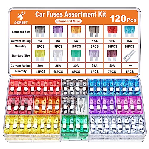 JOREST 120Pcs Car Fuse Kit - Replacement Fuses Assortment Kit for Car/RV/Truck/Motorcycle(2Amp 3A 5A 7.5A 10A 15A 20A 25A 30A 35A 40A) - Standard Blade Fuses Automotive + Auto Fuse Puller - Image 1