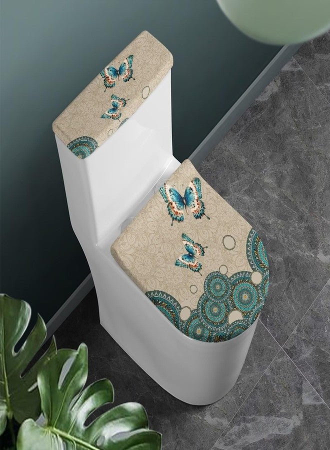 Daulesho Swallowtail Butterfly Bathroom Toilet Seat Cover Set, Ethnic Mandala Floral Toilet Lid Cover Tank Cover, Turquoise Aesthetic Butterflies Durable Indoor Universal Fit - Image 2